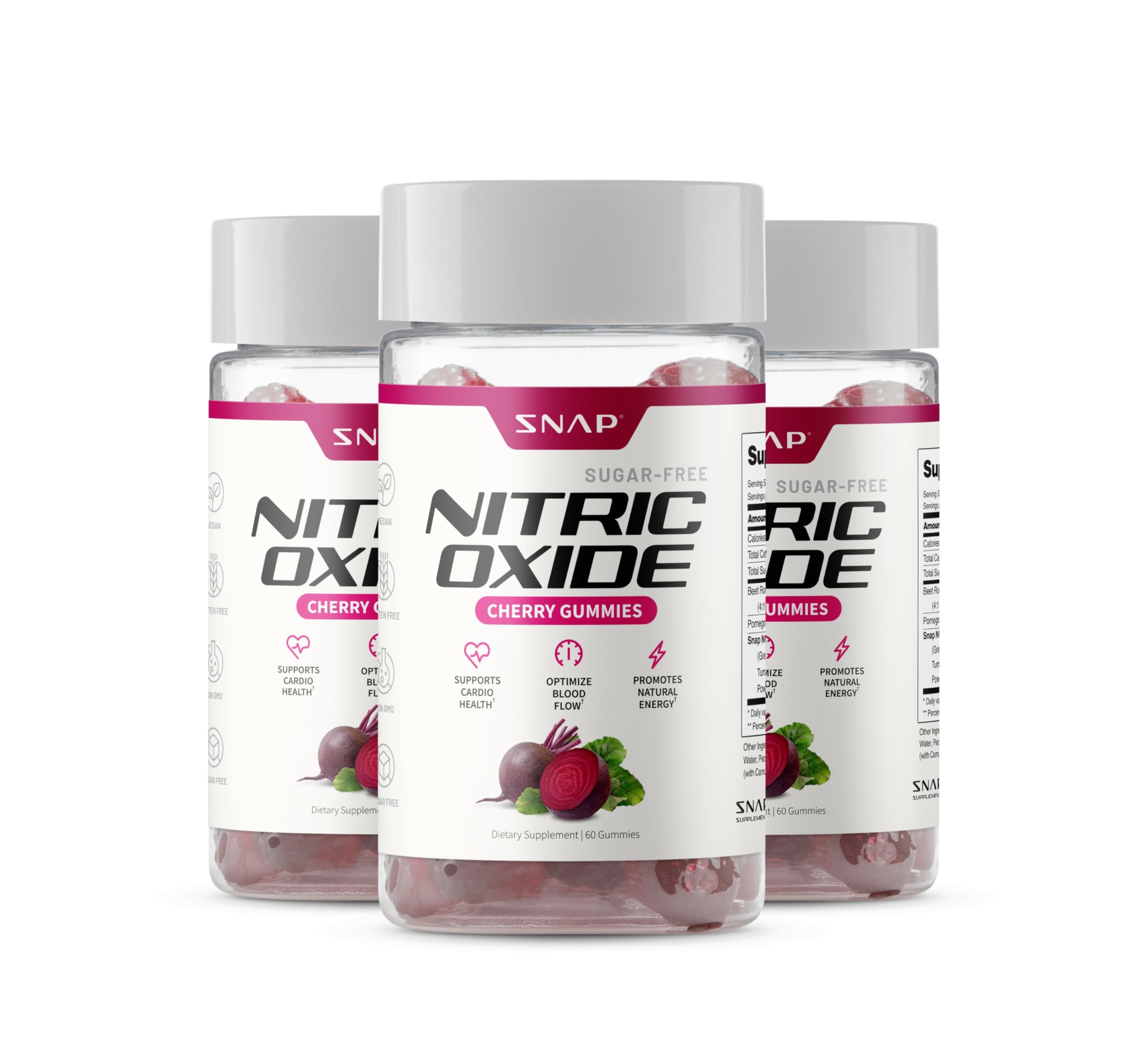 Snap Supplements Nitric Oxide Beet Root Gummies bottle front promotes natural energy and blood flow.