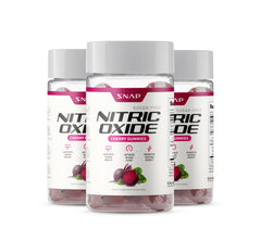 Snap Supplements Nitric Oxide Beet Root Gummies bottle front promotes natural energy and blood flow.