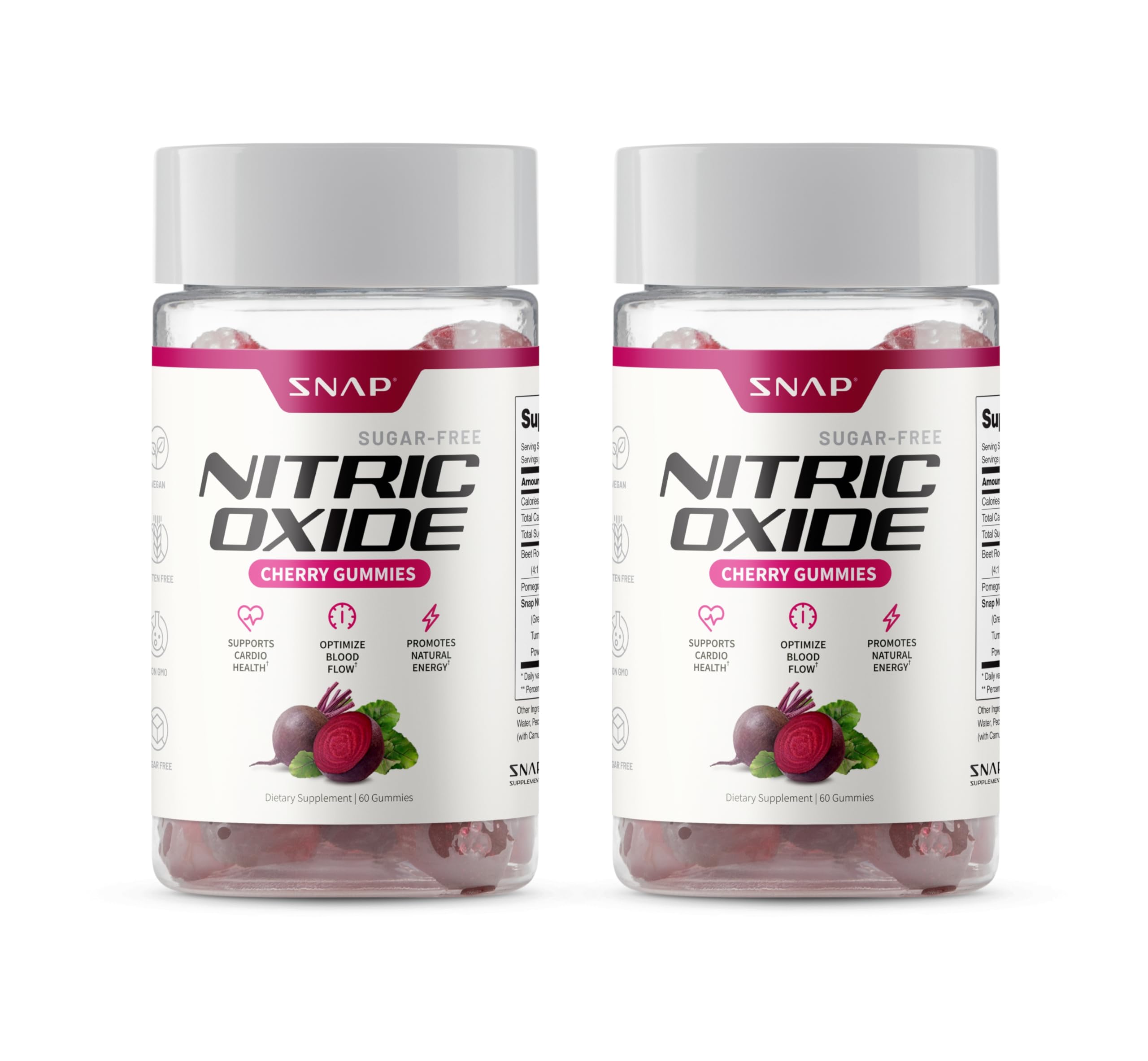 Snap Supplements Nitric Oxide Beet Root Gummies bottle on countertop highlighting daily energy support