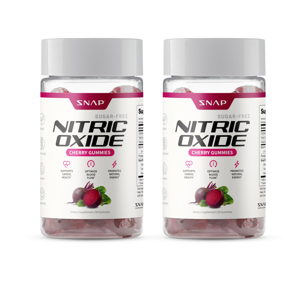 Snap Supplements Nitric Oxide Beet Root Gummies bottle on countertop highlighting daily energy support