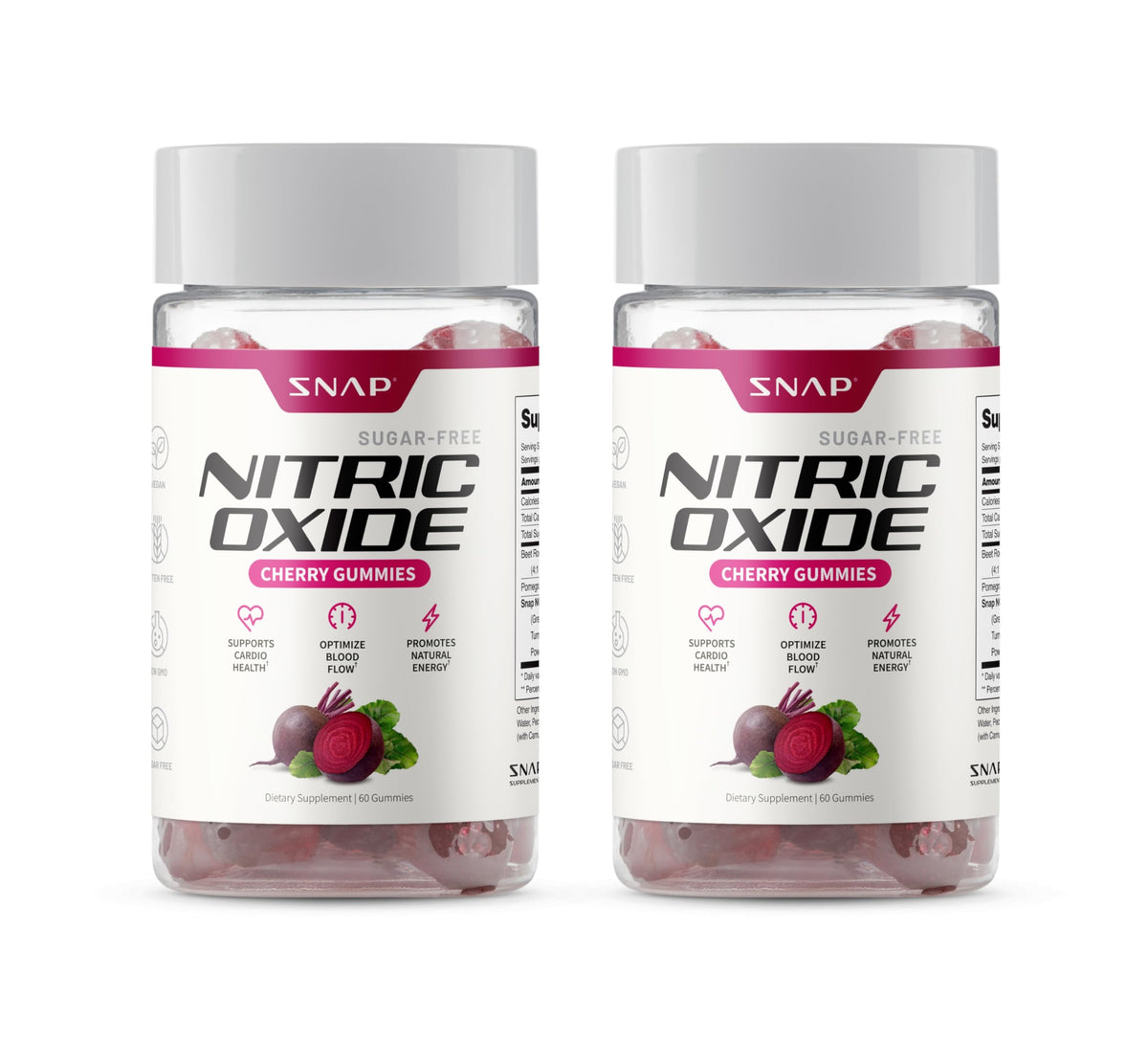 Snap Supplements Nitric Oxide Beet Root Gummies bottle on countertop highlighting daily energy support