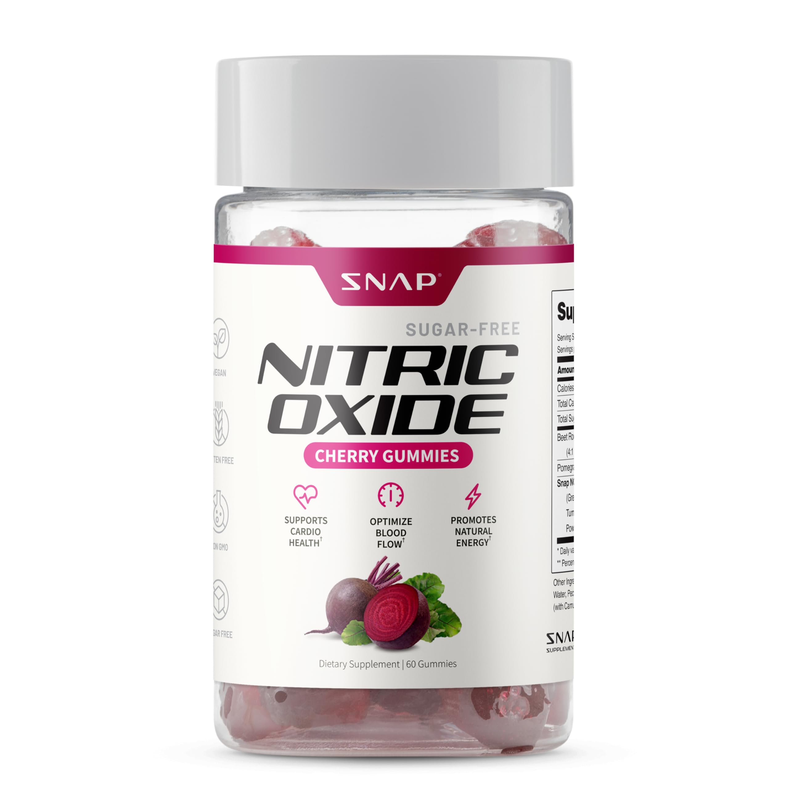 Bottle of Snap Supplements Nitric Oxide Beet Root Gummies Cherry flavor
