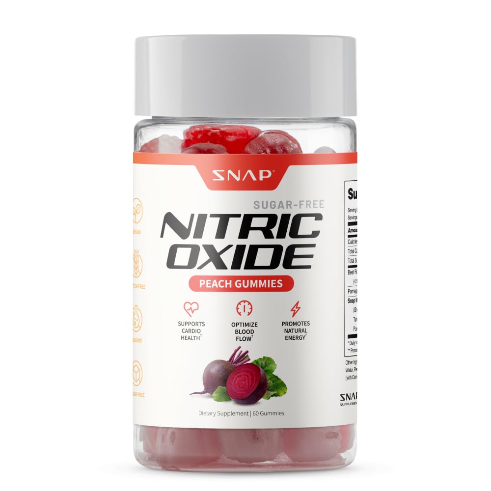 Front view of Snap Supplements Nitric Oxide Beet Root Gummies Peach flavor bottle