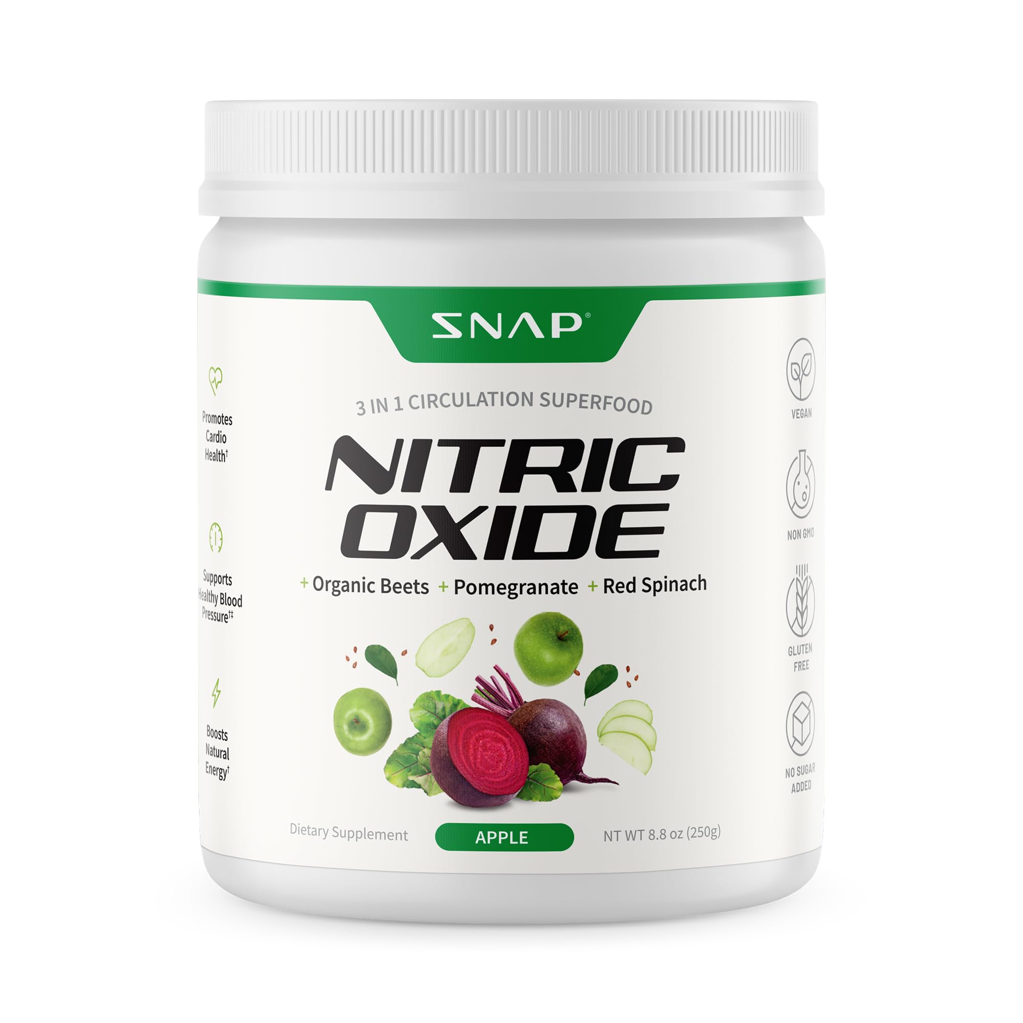 Bottle of Snap Supplements Organic Beet Root Nitric Oxide Powder with Apple flavor