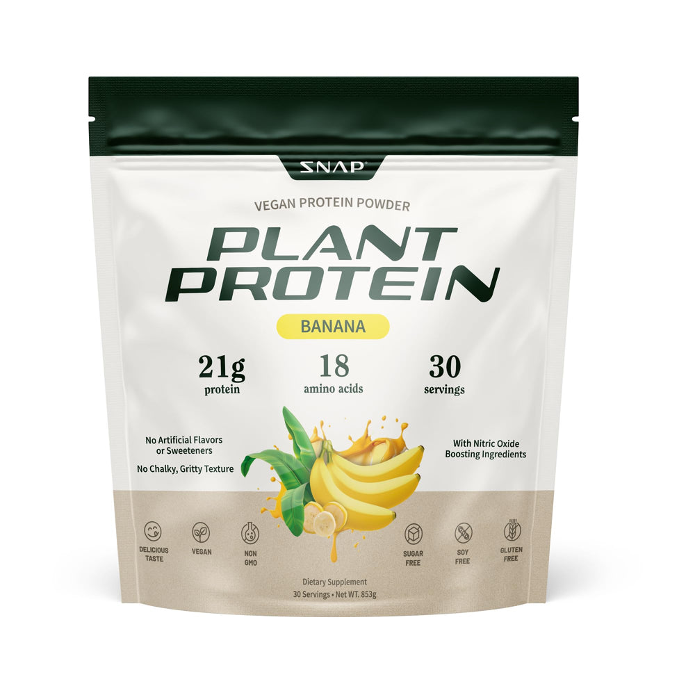 Bottle of Snap Supplements Organic Plant-Based Vegan Protein Powder Banana flavor