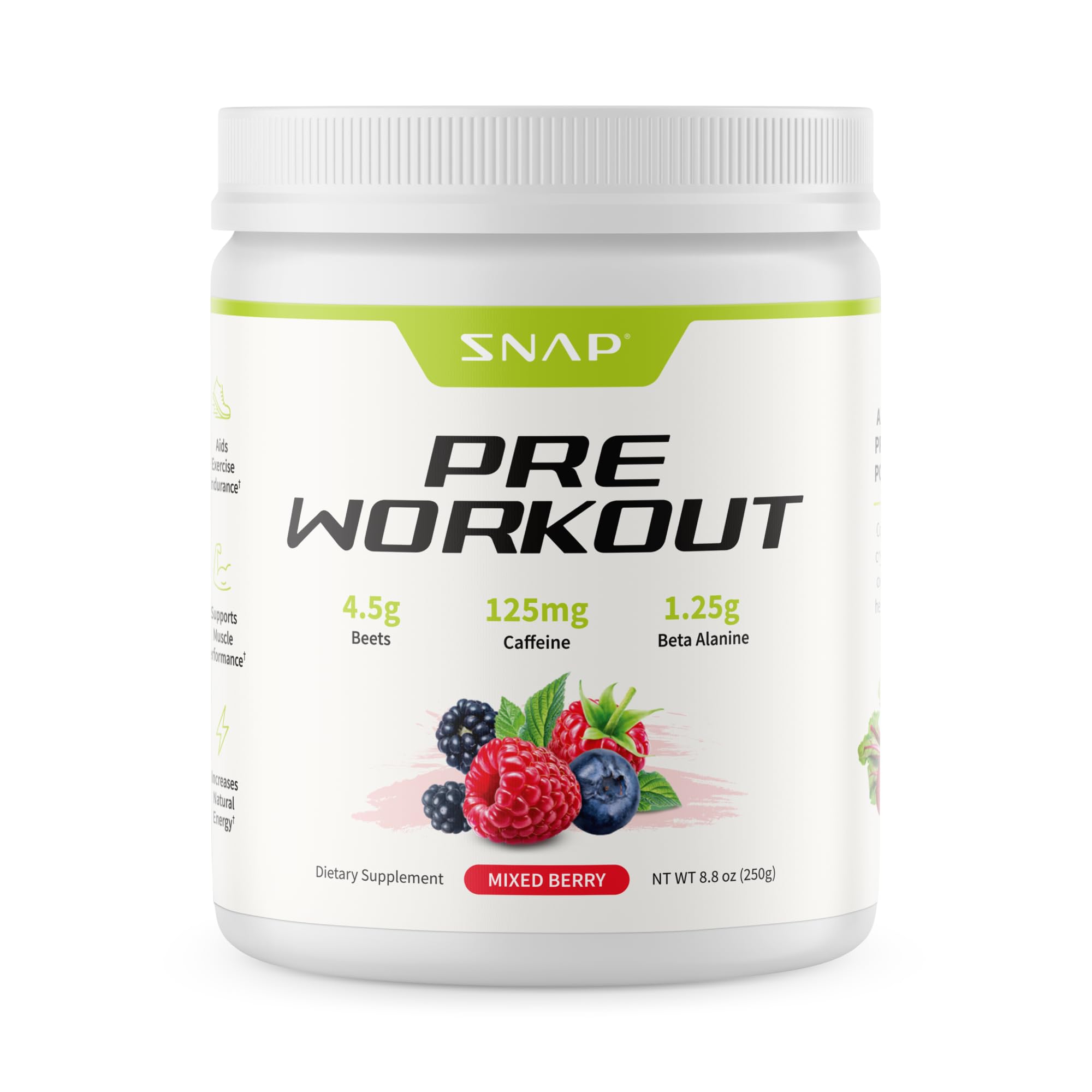 Snap Supplements pre-workout beet root powder jar shows a clean energy option for workouts