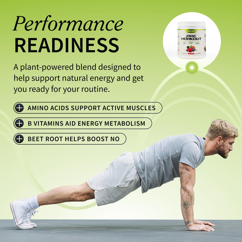 Snap Supplements pre-workout powder tub front emphasizes nitric oxide support for endurance during training