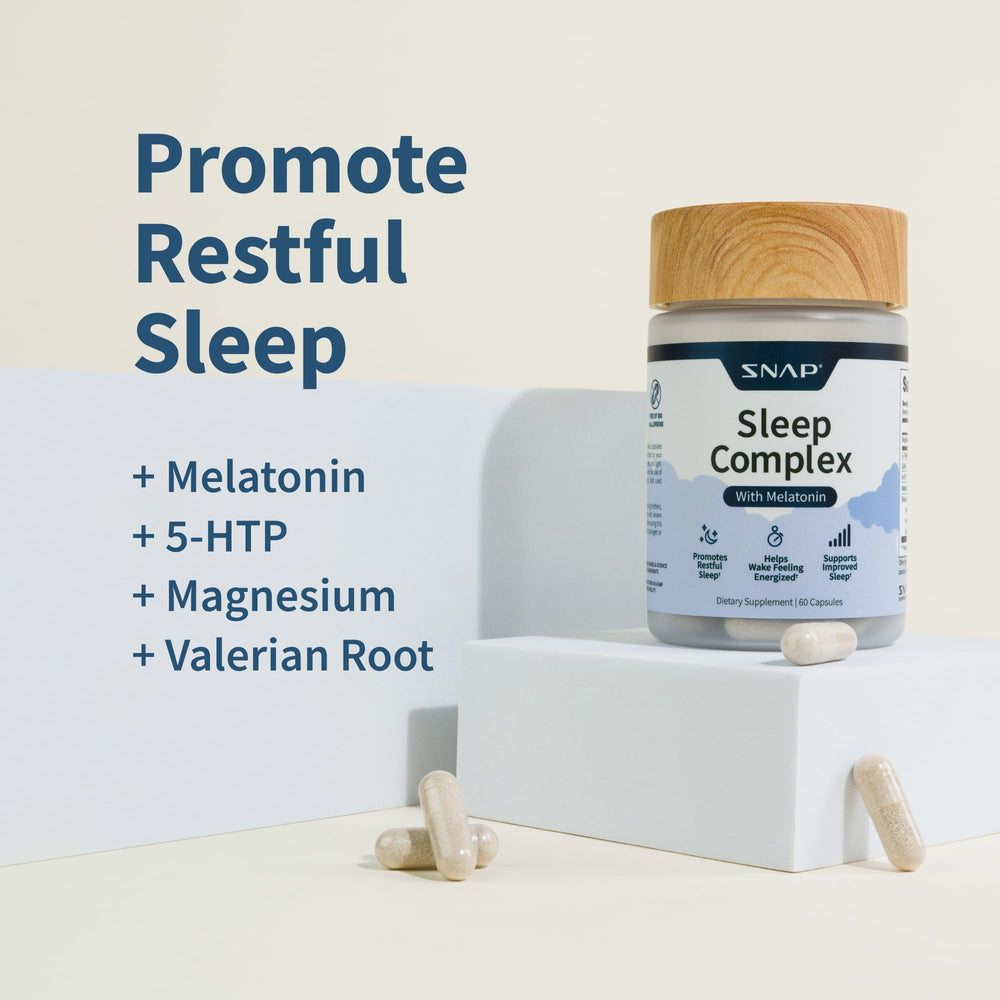 Product packaging with box and bottle for Snap Supplements sleep aid.