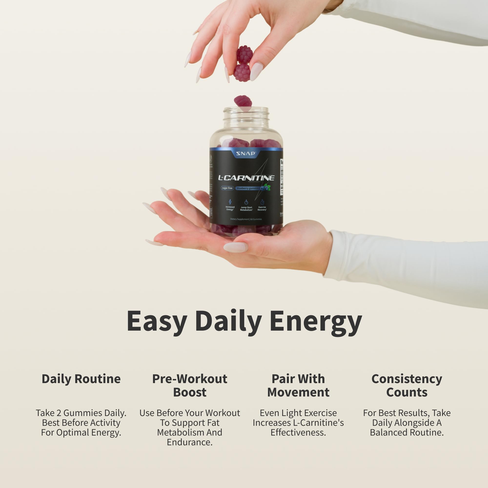 Snap Supplements sugar-free L-Carnitine gummies active-use scene suggests pre-workout pairing.