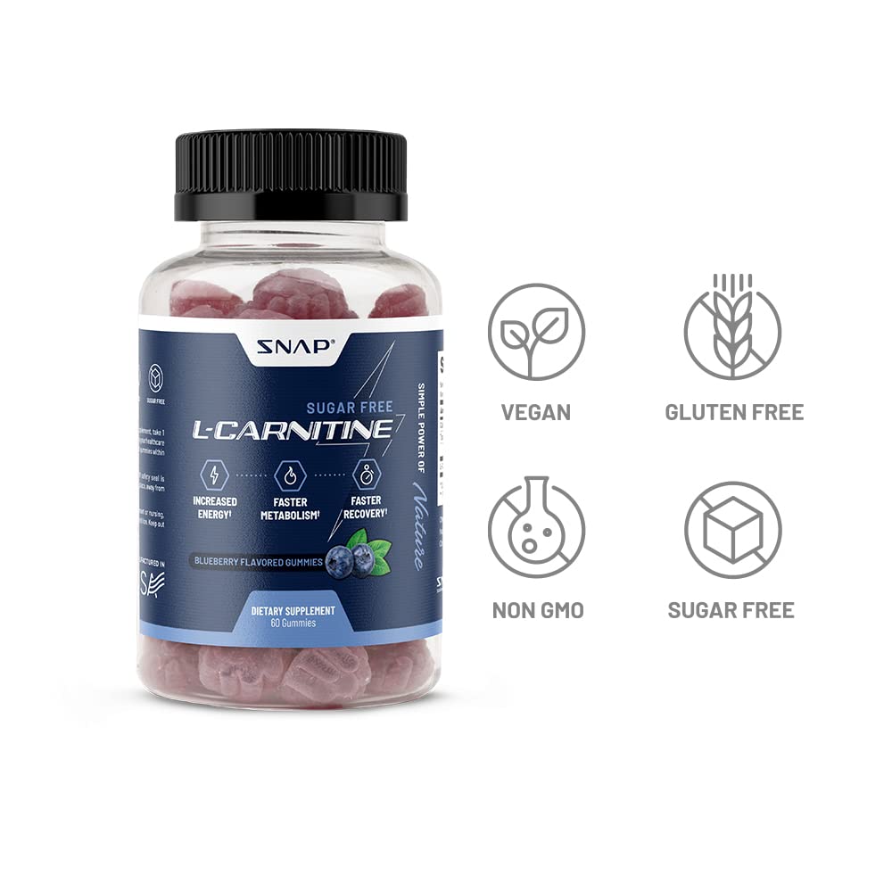 Snap Supplements sugar-free L-Carnitine gummies label highlights simple ingredients for metabolism-friendly planning.