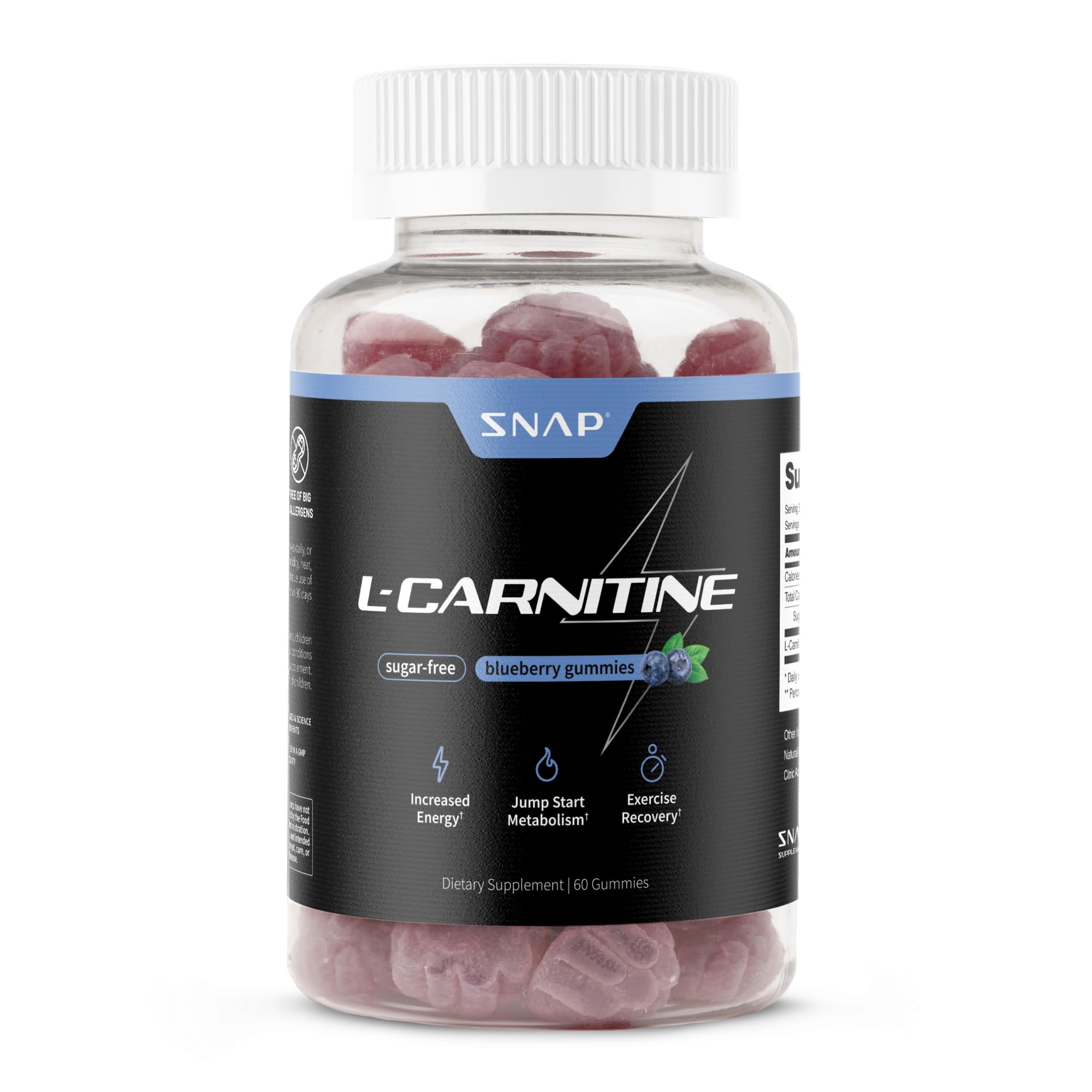 Snap Supplements sugar-free L-Carnitine gummies pack shot showing portable pre-workout energy support.