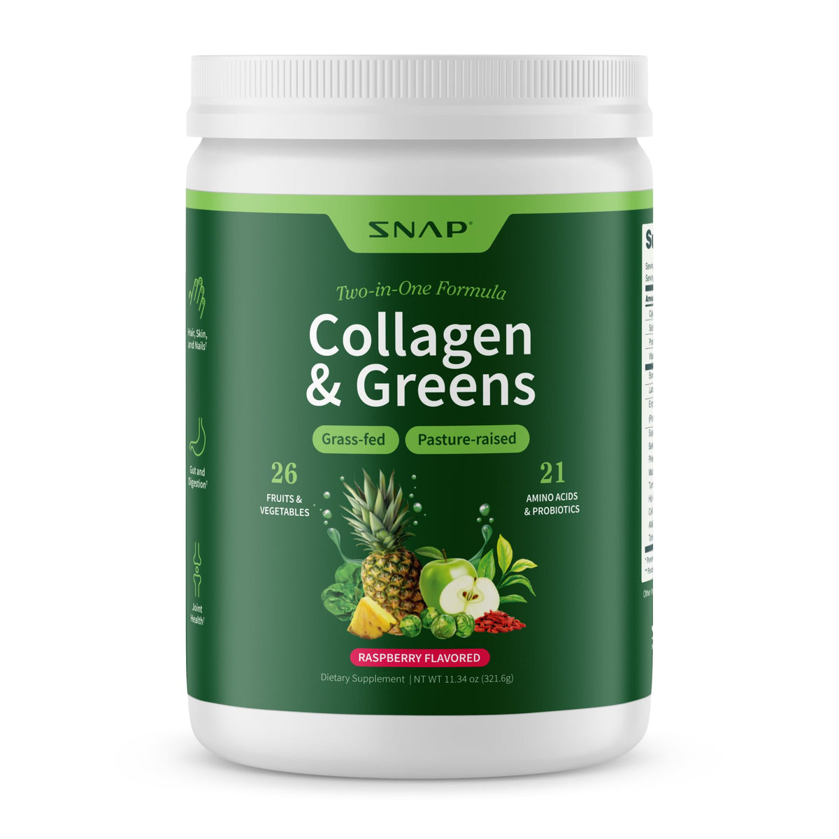 Snap Supplements Super Greens powder container with scoop