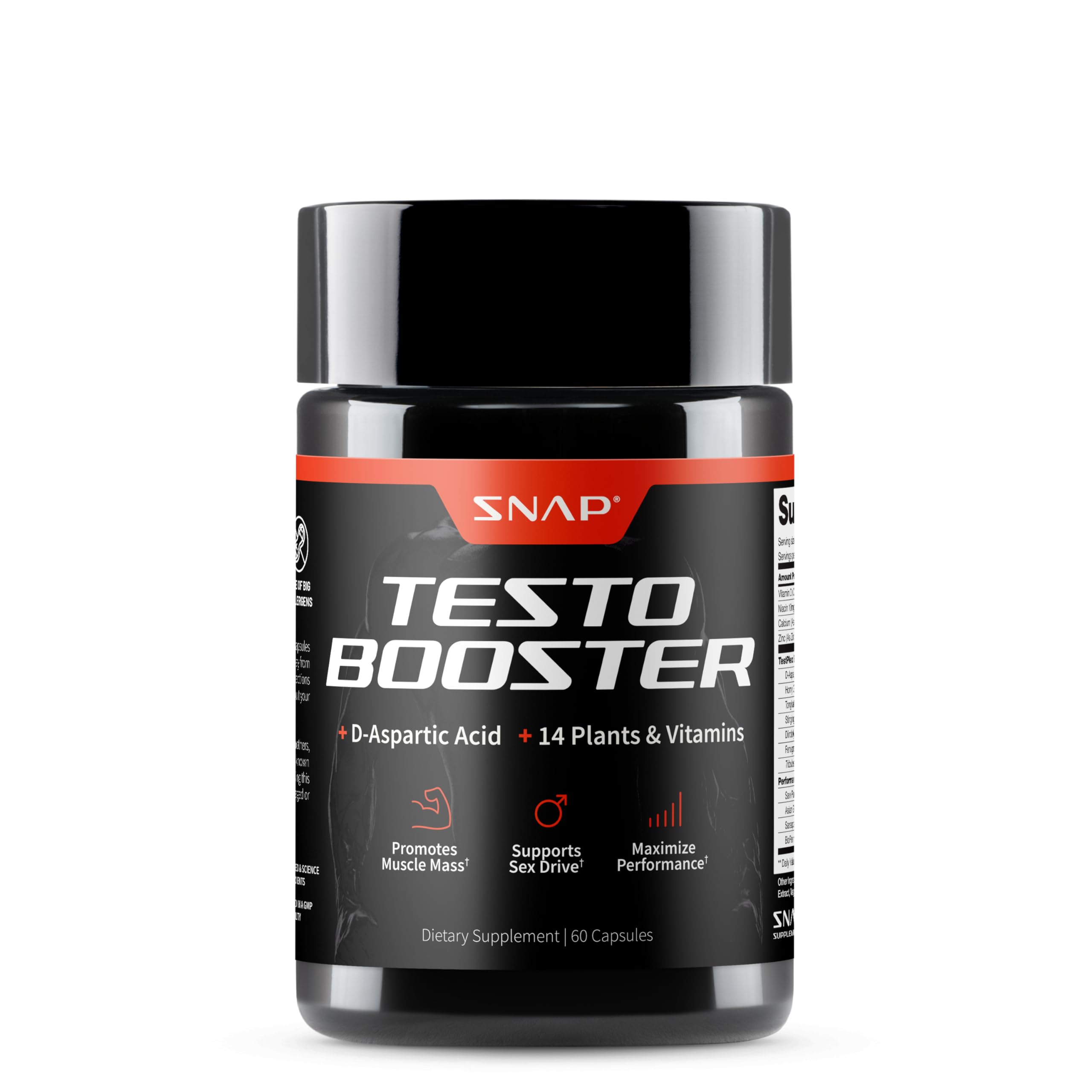 Snap Supplements testosterone booster bottle supports daily energy for active men.