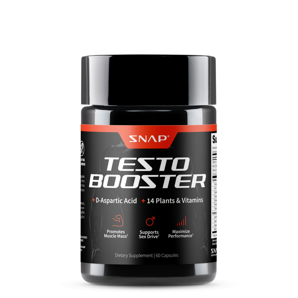 Snap Supplements testosterone booster bottle supports daily energy for active men.