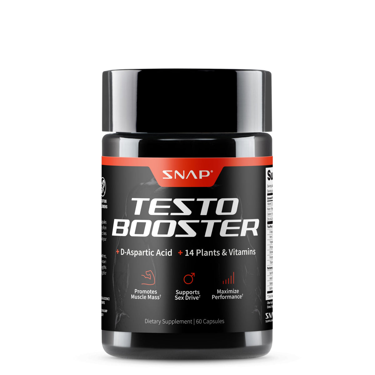 Snap Supplements testosterone booster bottle supports daily energy for active men.