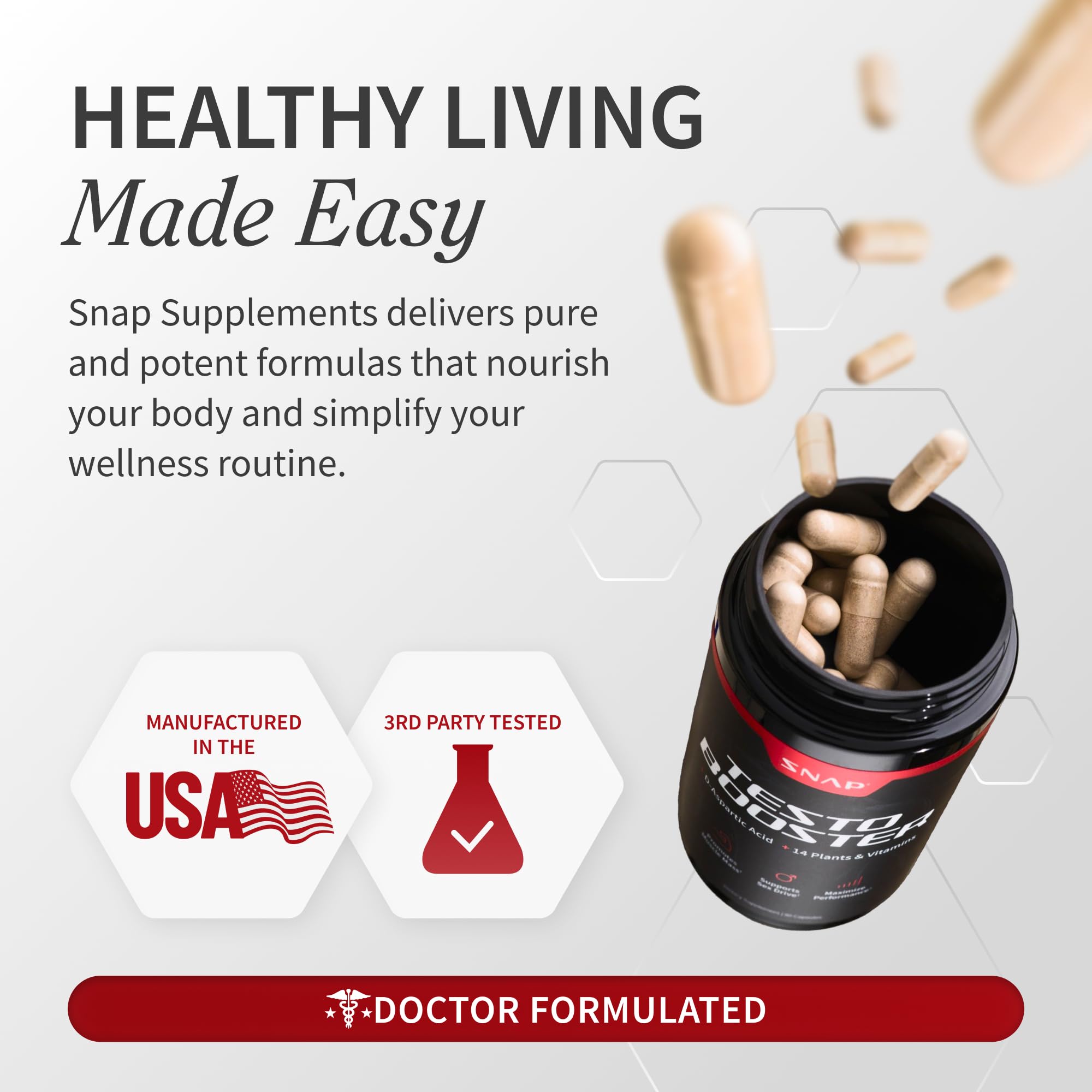 Snap Supplements testosterone booster pills beside a glass ready for a daily routine.