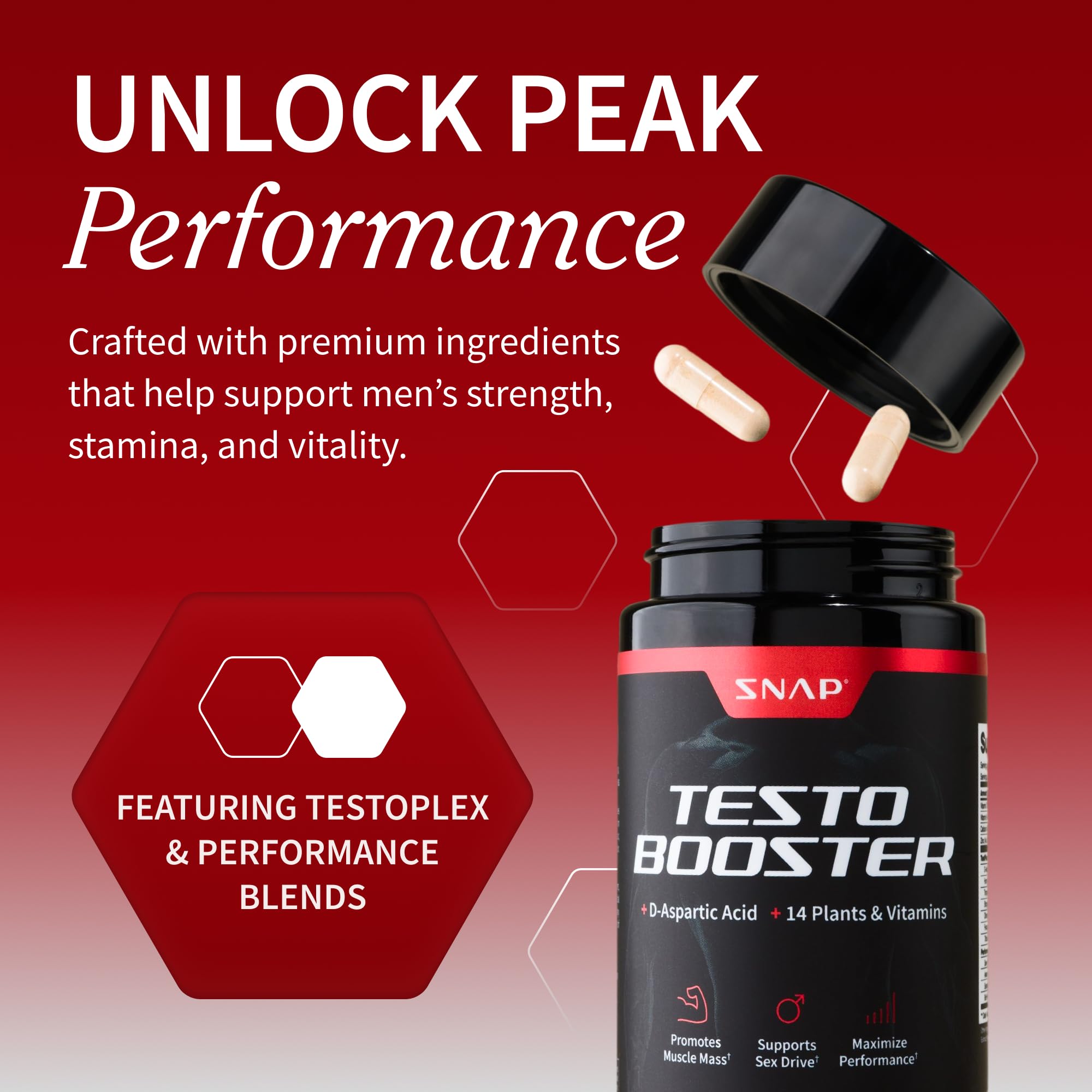 Snap Supplements testosterone booster label highlights ingredients for testosterone balance.