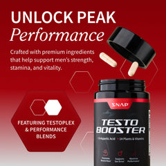 Snap Supplements testosterone booster label highlights ingredients for testosterone balance.