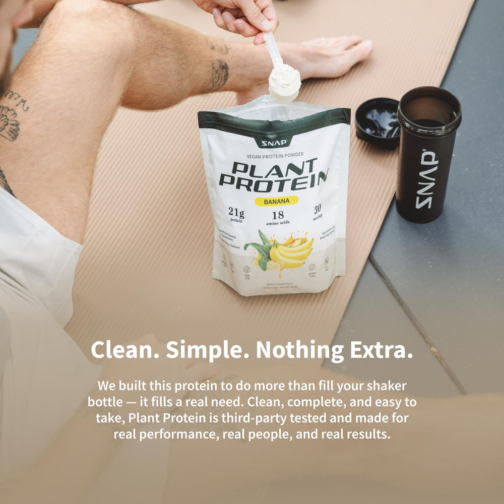 Snap Supplements plant-based protein setup communicates tidy, macro-friendly nutrition