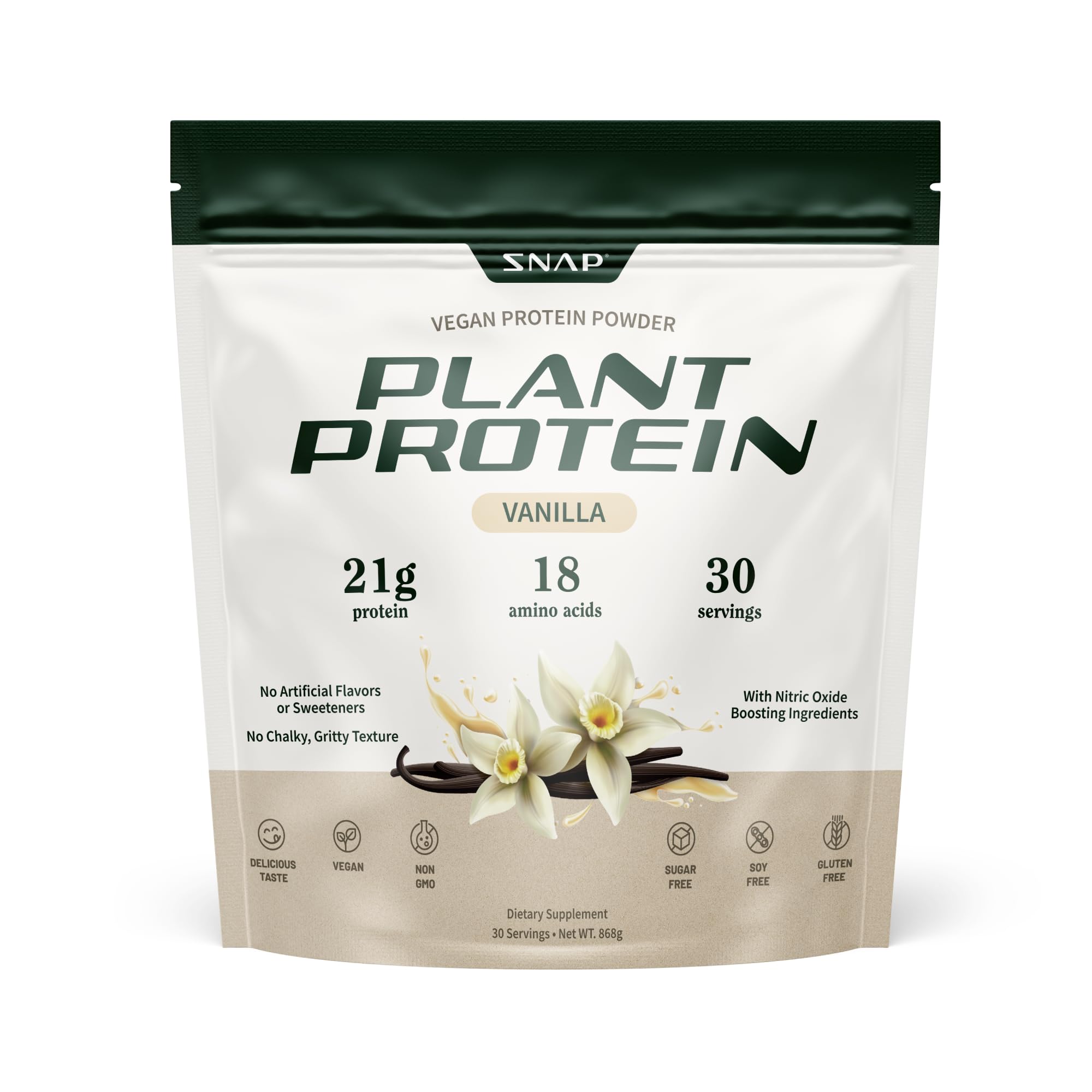 Front view of Snap Supplements vanilla bean vegan protein powder tub