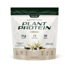 Front view of Snap Supplements vanilla bean vegan protein powder tub