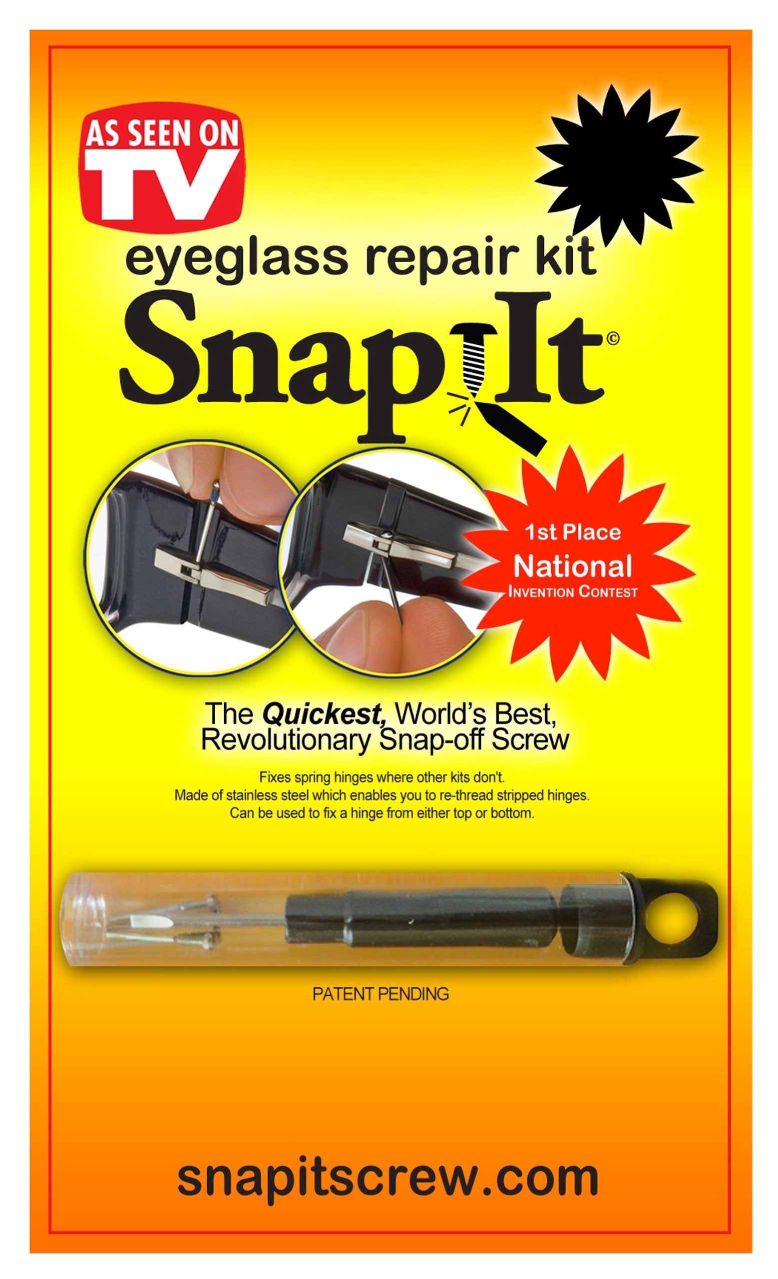 SnapIt Eyeglass Repair Kit contents: screws, screwdriver, and carry tube