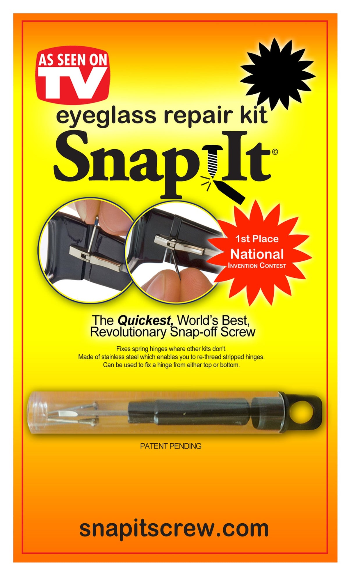 SnapIt Eyeglass Repair Kit contents: screws, screwdriver, and carry tube