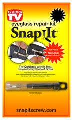 SnapIt Eyeglass Repair Kit contents: screws, screwdriver, and carry tube