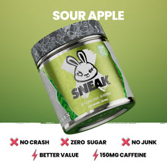 Close-up of Sour Apple flavor label on SNEAK powder container