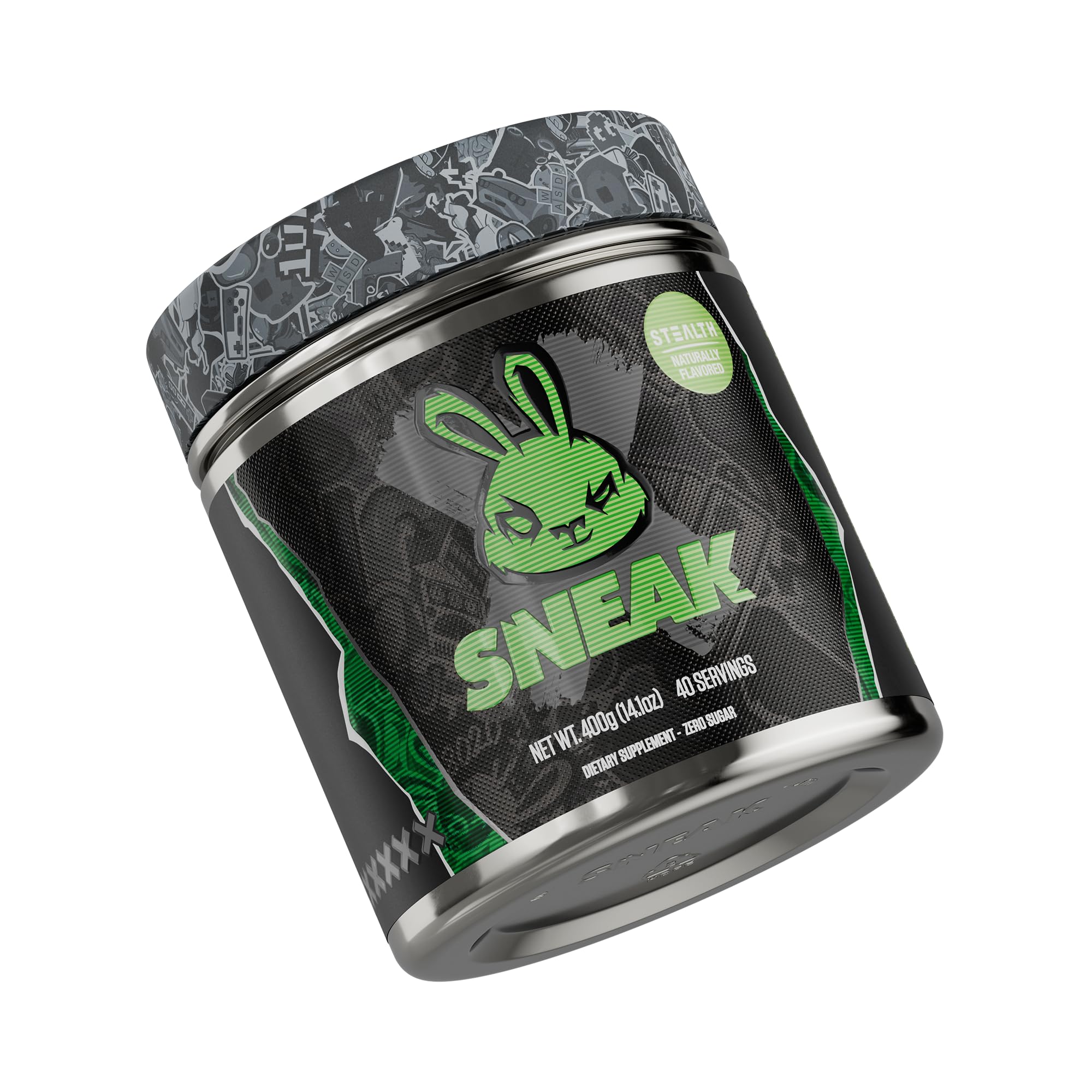 SNEAK Energy Powder Stealth label—sugar-free energy with natural caffeine for focus.