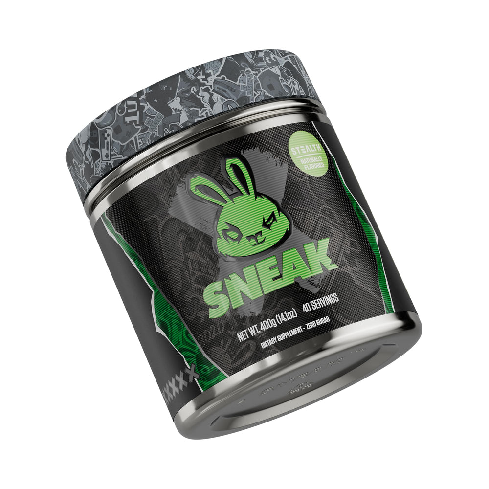 SNEAK Energy Powder Stealth label—sugar-free energy with natural caffeine for focus.
