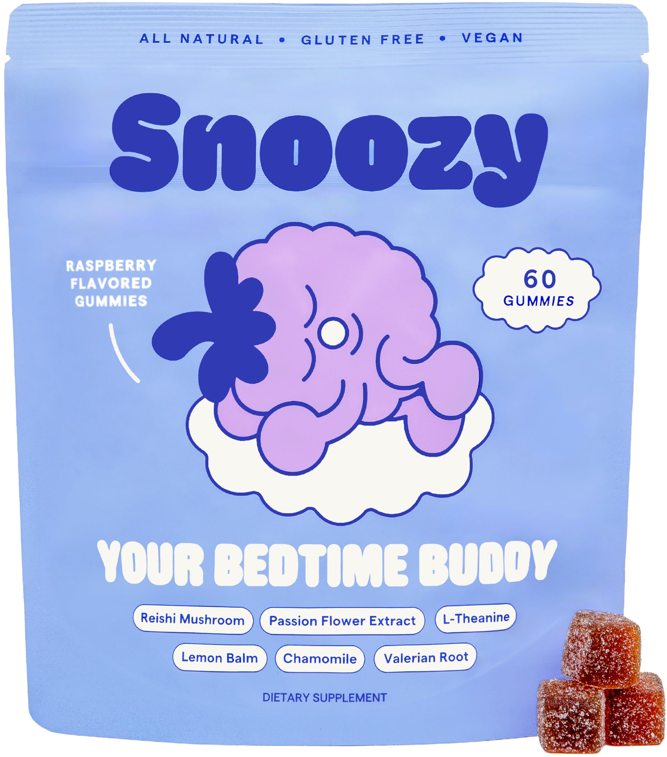 Front view of Snoozy Bedtime Buddy Raspberry Gummies bottle