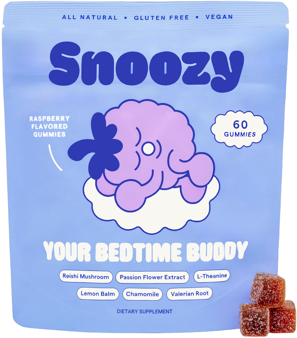 Front view of Snoozy Bedtime Buddy Raspberry Gummies bottle