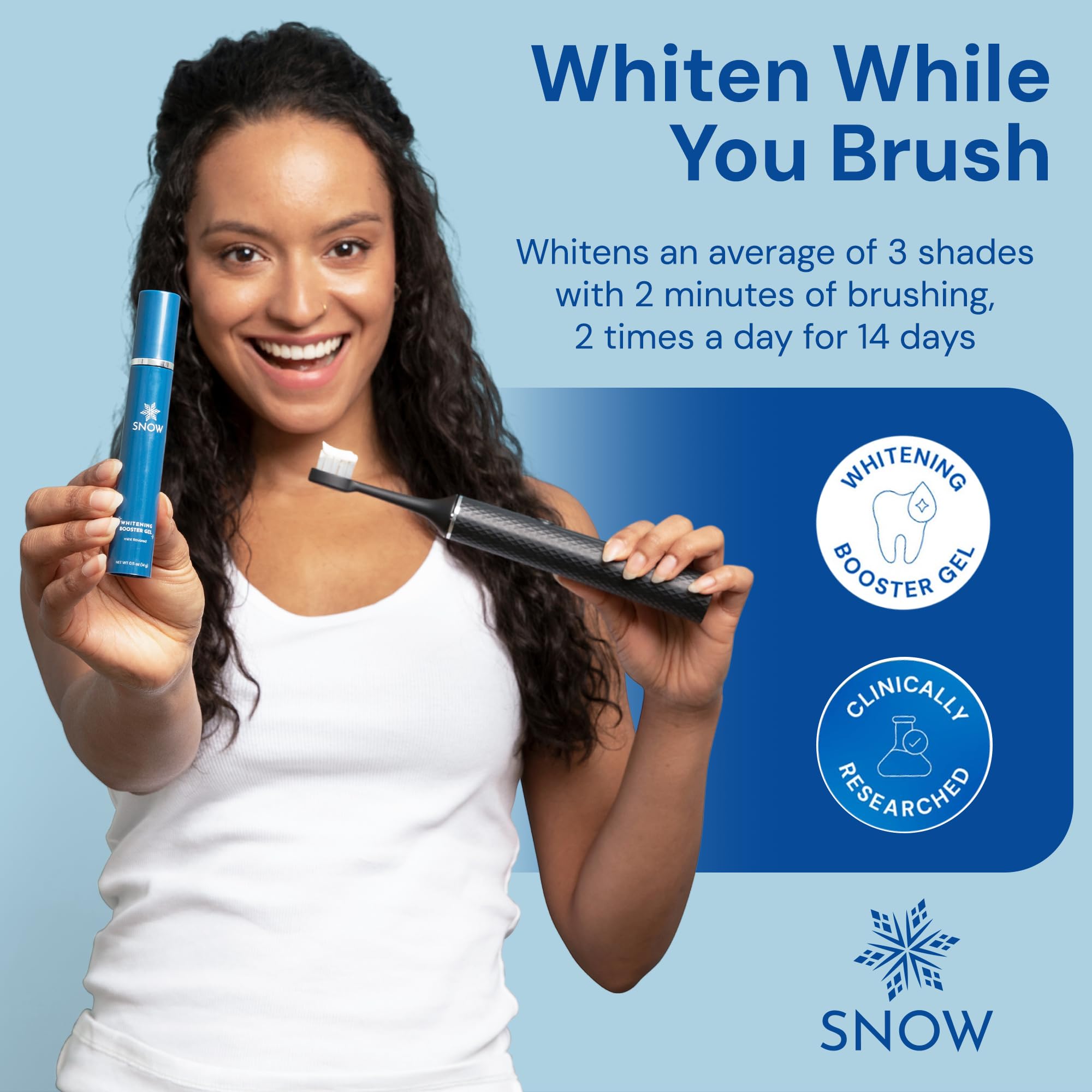 Smile showing brighter teeth after using Snow Teeth Whitening Gel