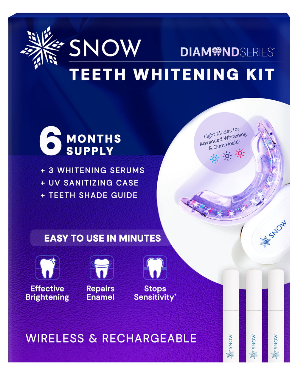 Snow Teeth Whitening Kit hero with LED mouthpiece and three serum wands