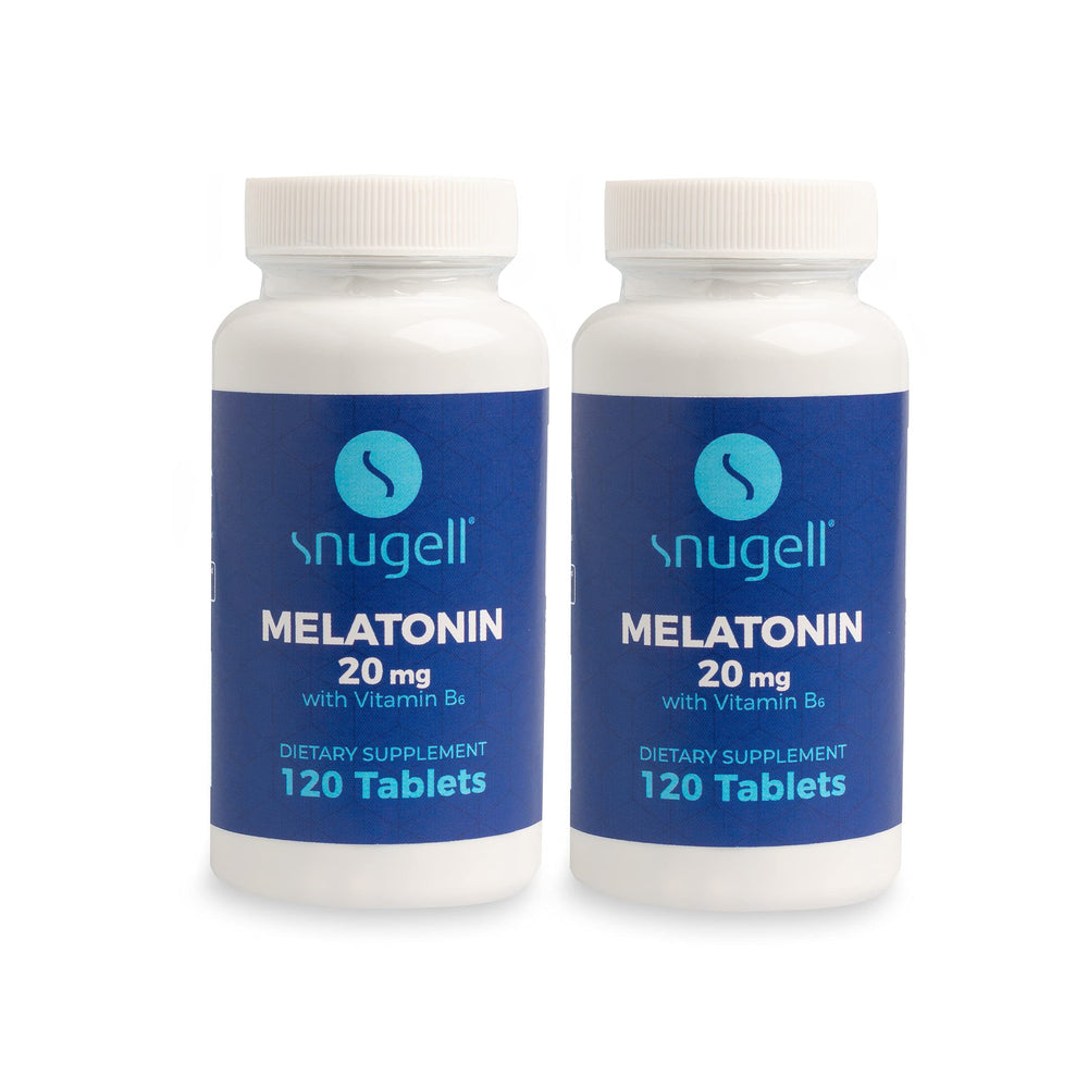 Bottle of Snugell Melatonin 20 mg with Vitamin B6 for high-potency sleep support