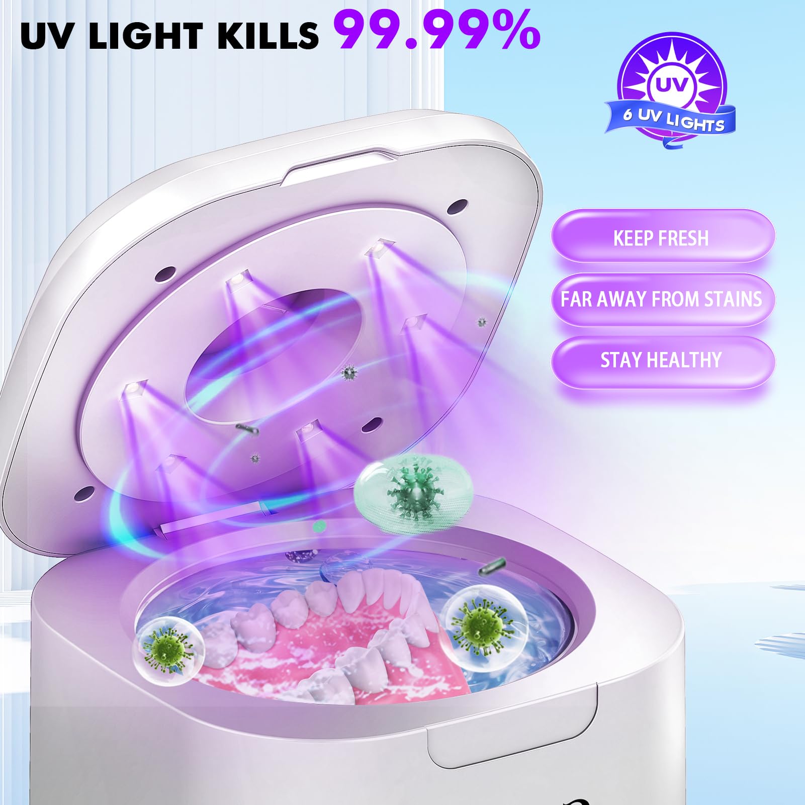 Six UV lights provide 360-degree cleaning for thorough sanitization
