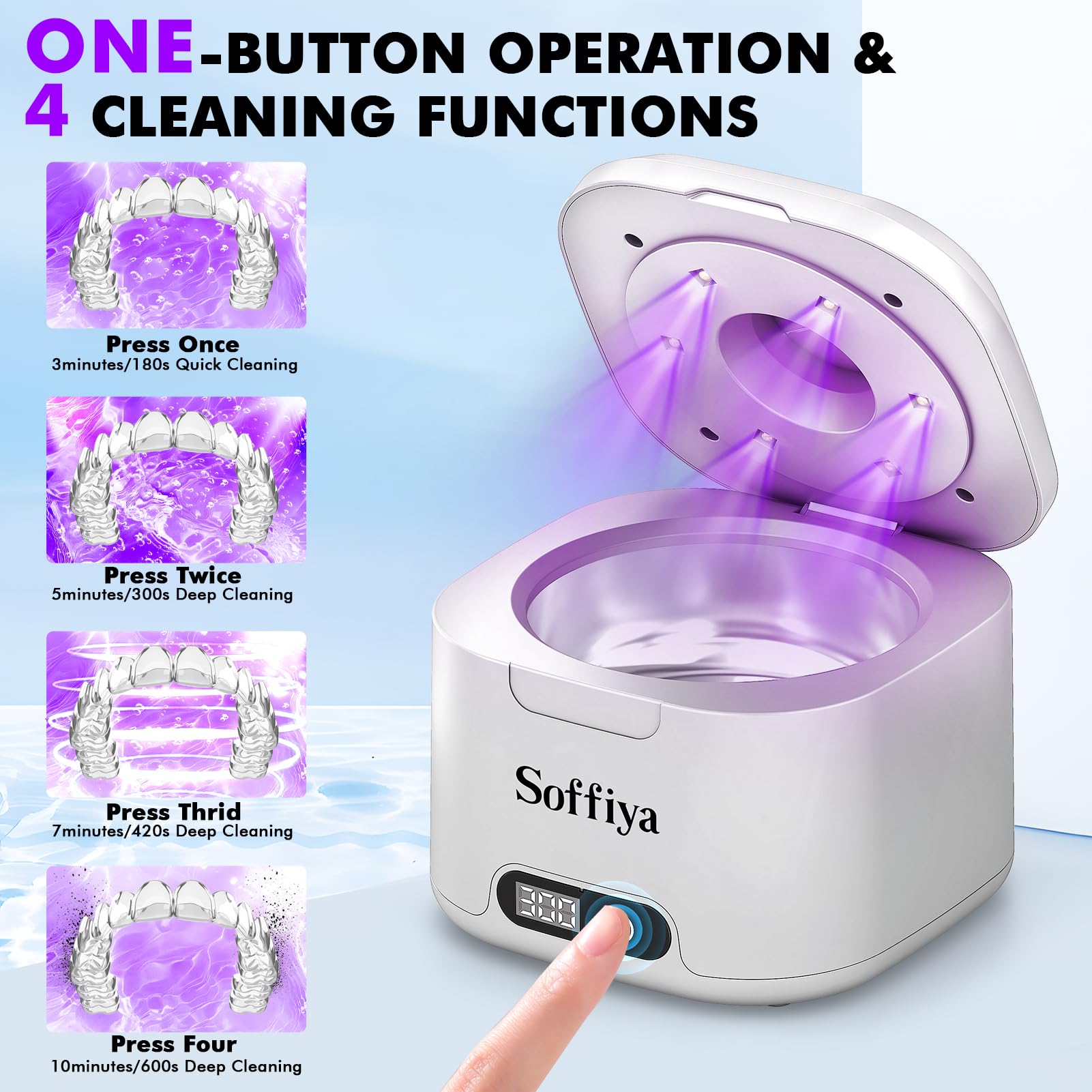 Device displays four cleaning time options: 180s, 300s, 420s, 600s