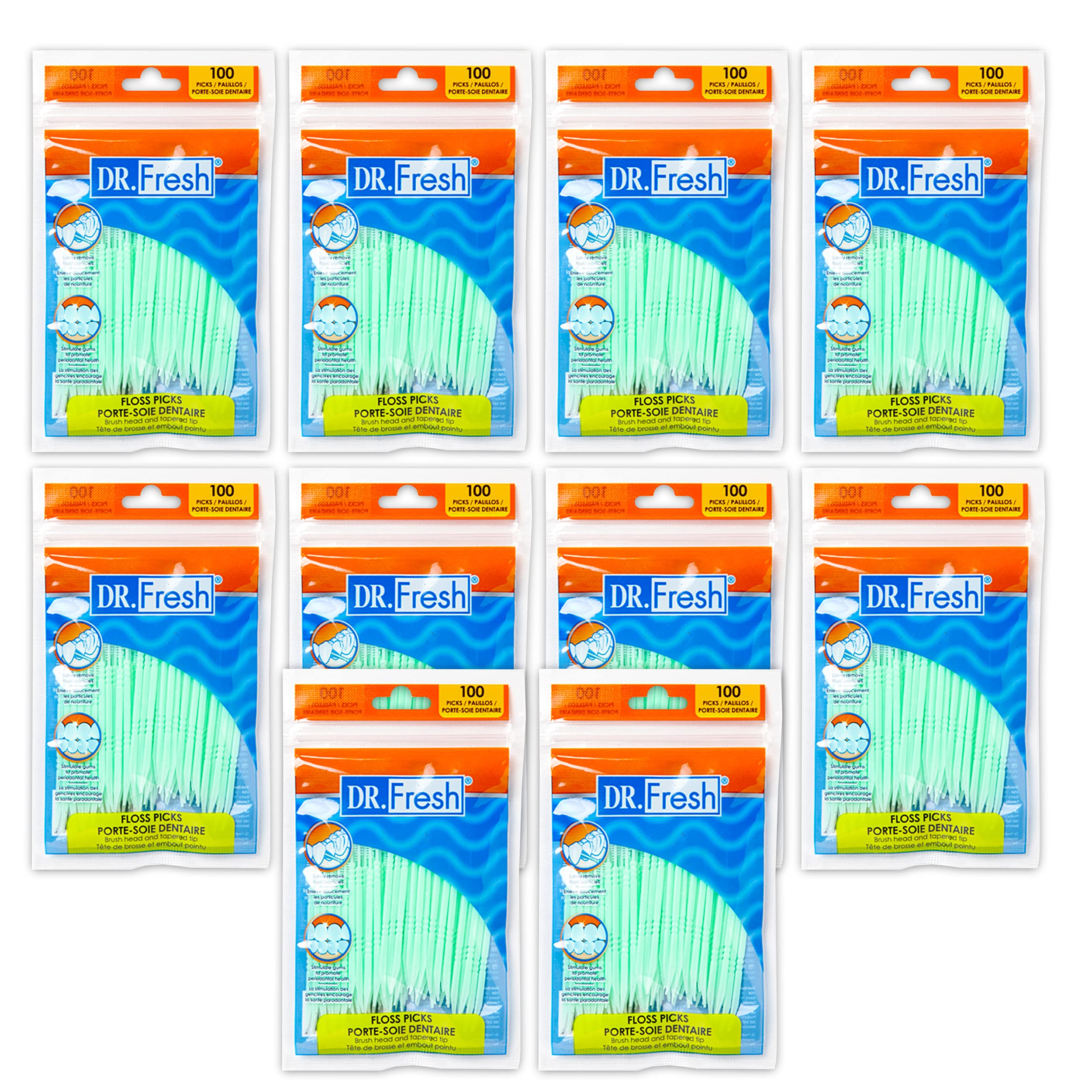 10-pack 100-count soft bristle dental floss picks with ergonomic grip