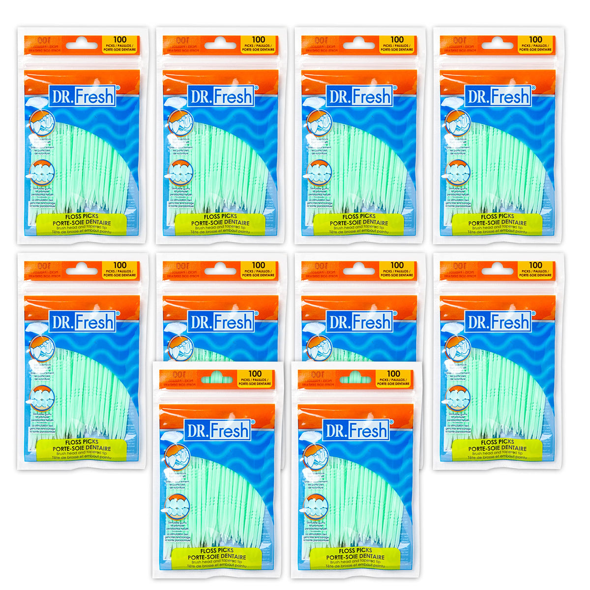 10-pack 100-count soft bristle dental floss picks with ergonomic grip