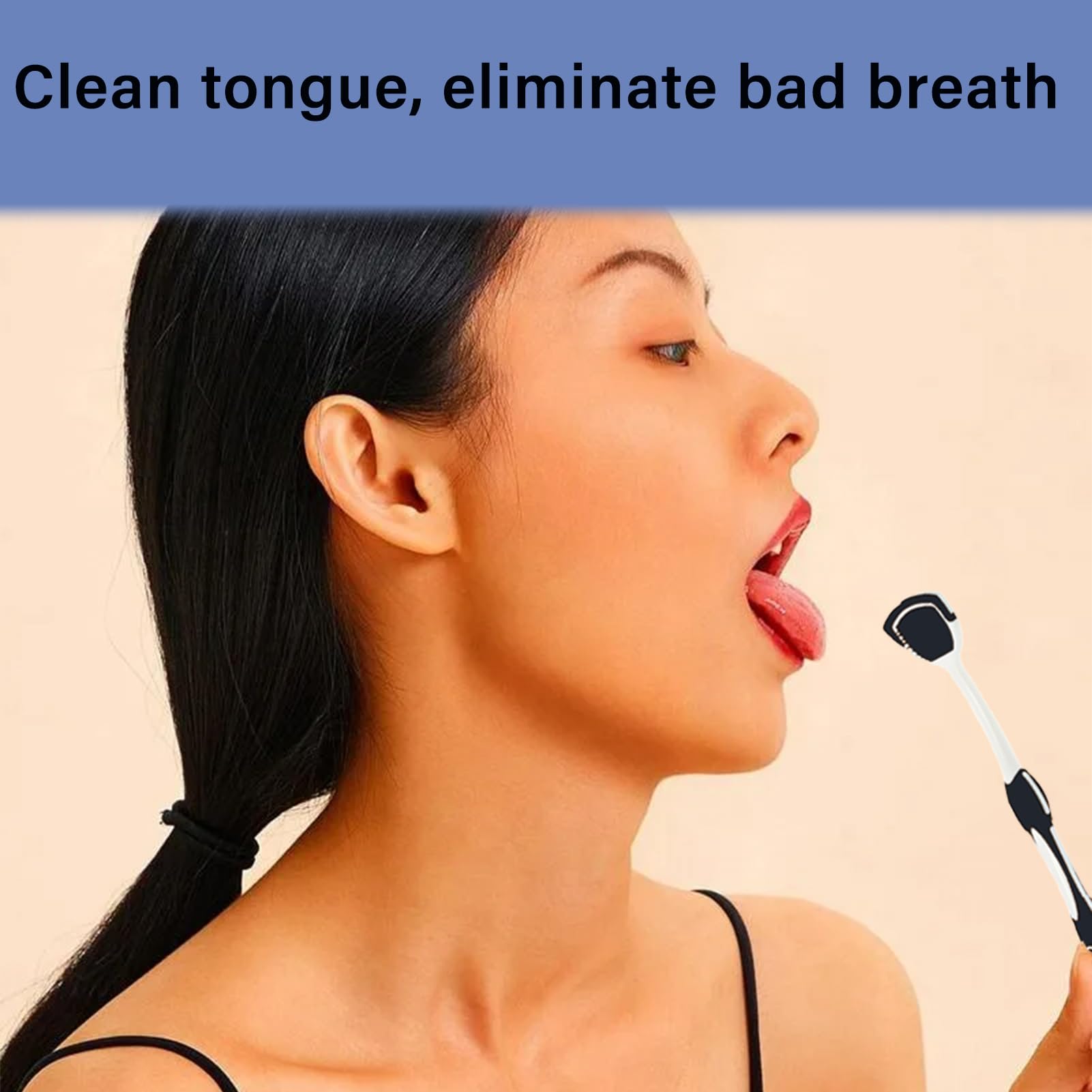 Tongue brush in use for fresh breath and dental hygiene