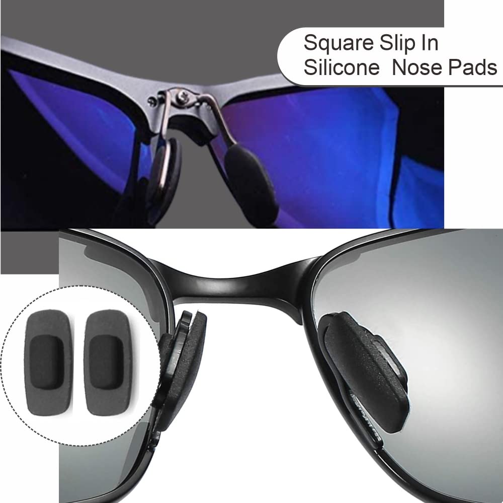 Square slip-in silicone nose pads installed on eyewear frame