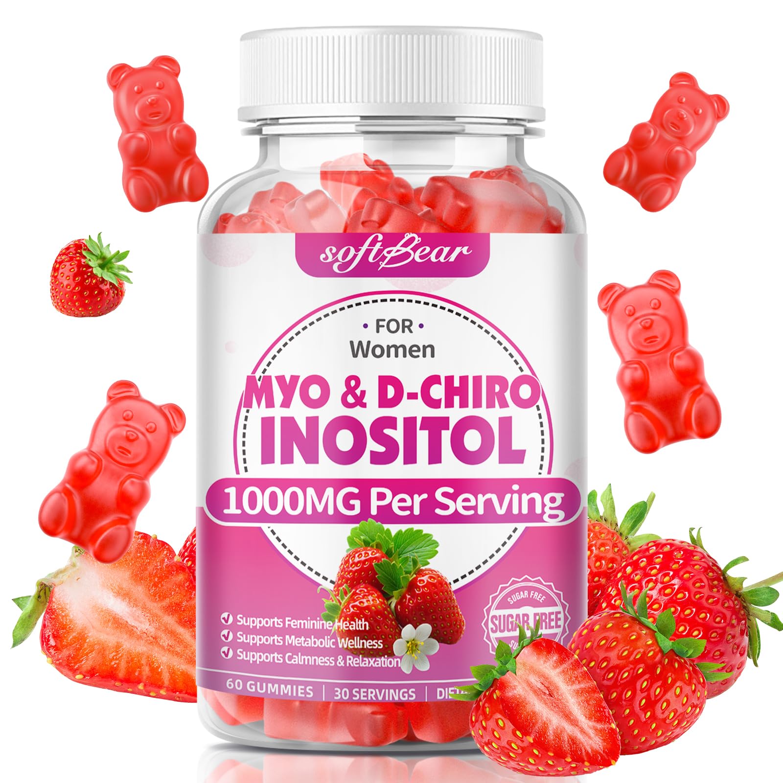 softbear front label showing strawberry gummies and product benefits