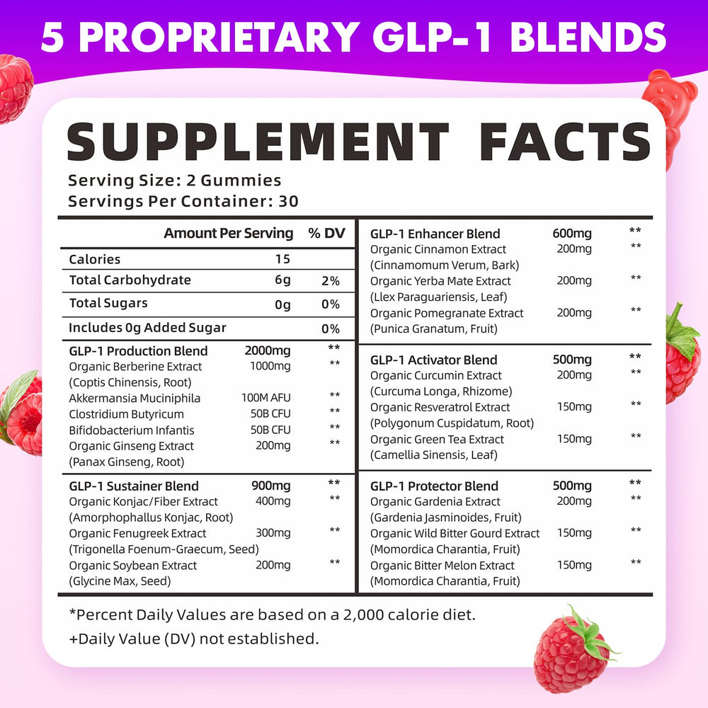 Close-up of raspberry-flavored GLP-1 probiotic gummies