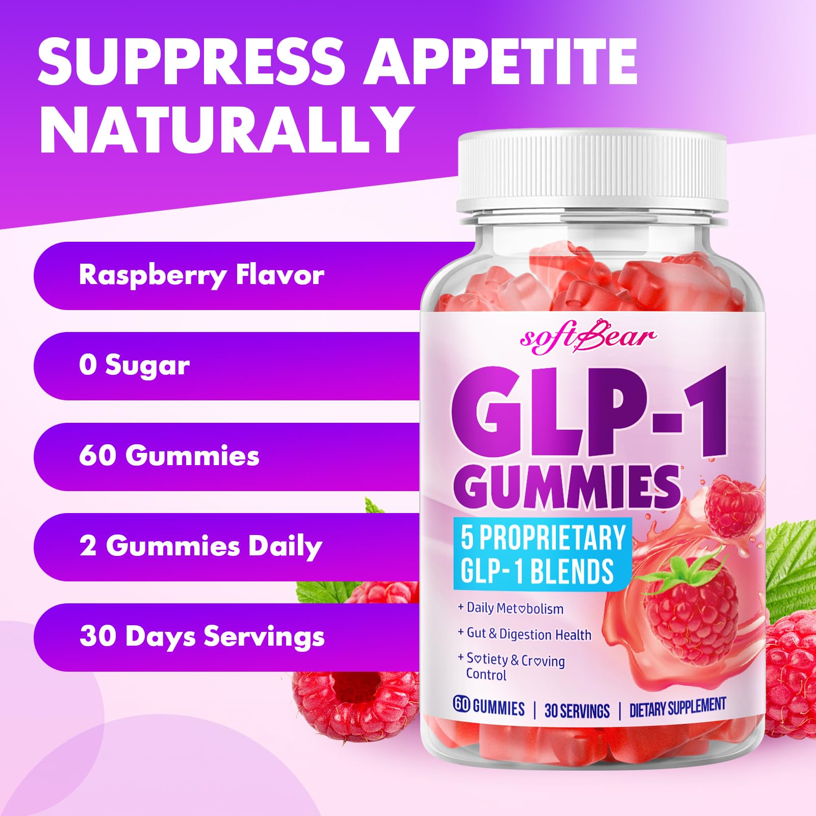 Gummies in a glass bowl with fresh raspberries