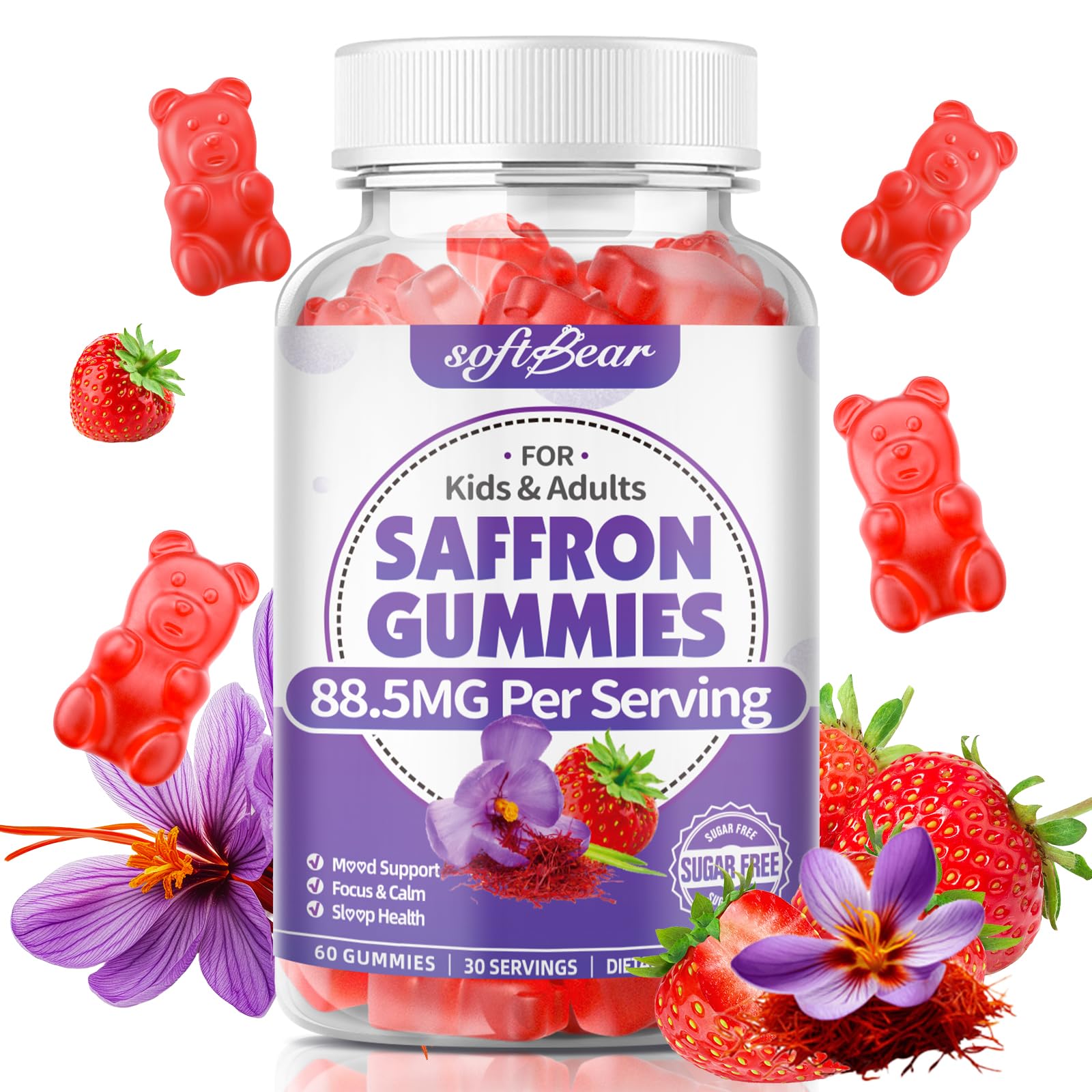 SoftBear saffron gummies strawberry flavor bottle 60 count