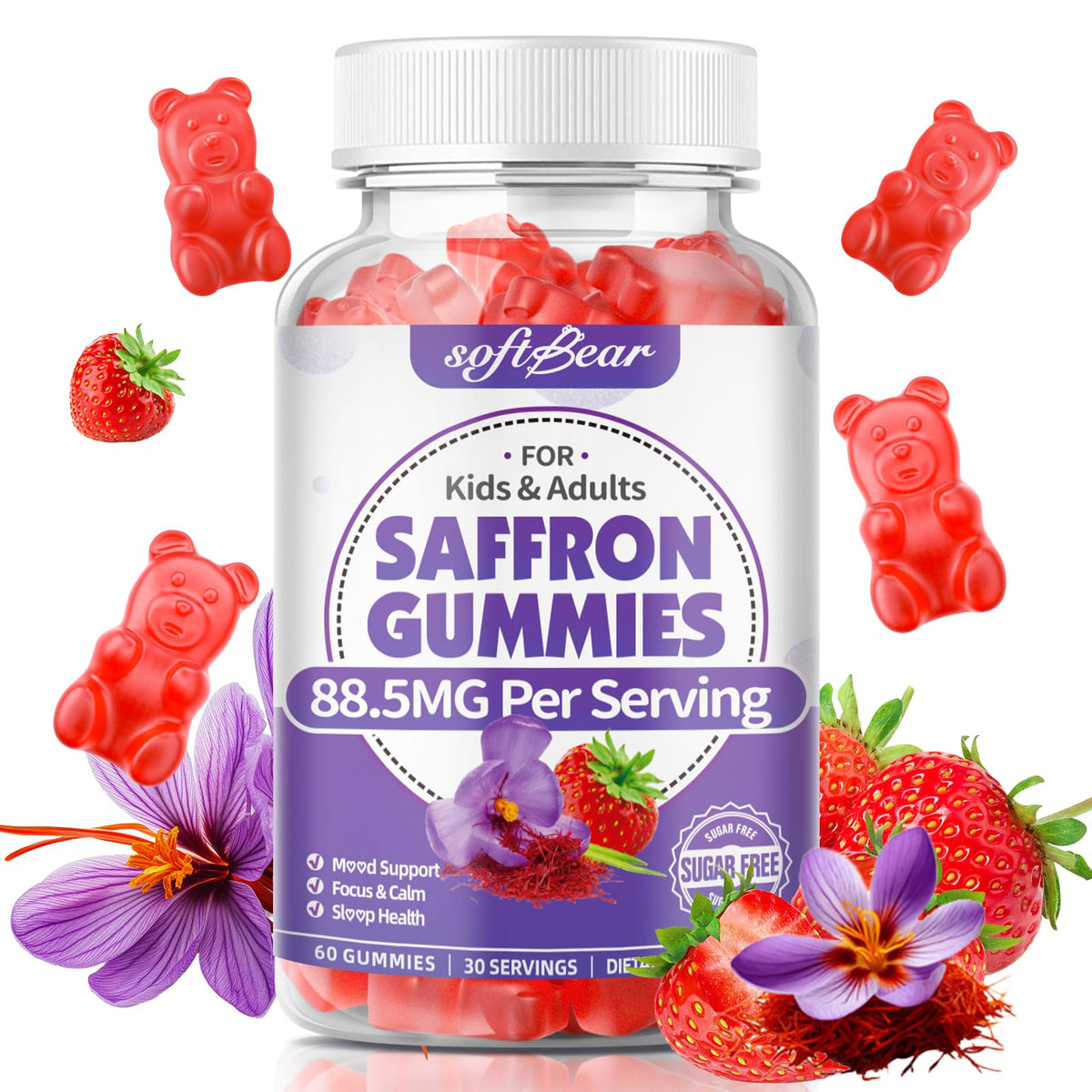 SoftBear saffron gummies strawberry flavor bottle 60 count