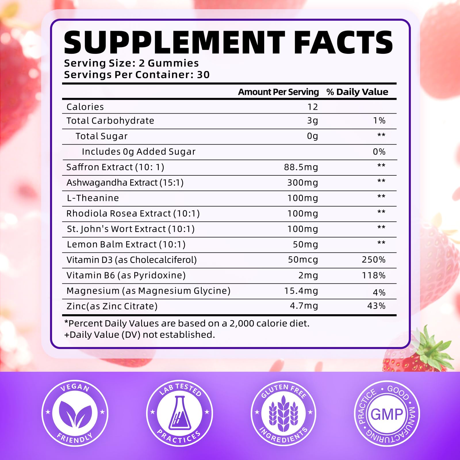 Back panel with ingredients and supplement facts on Softbear Saffron Gummies bottle