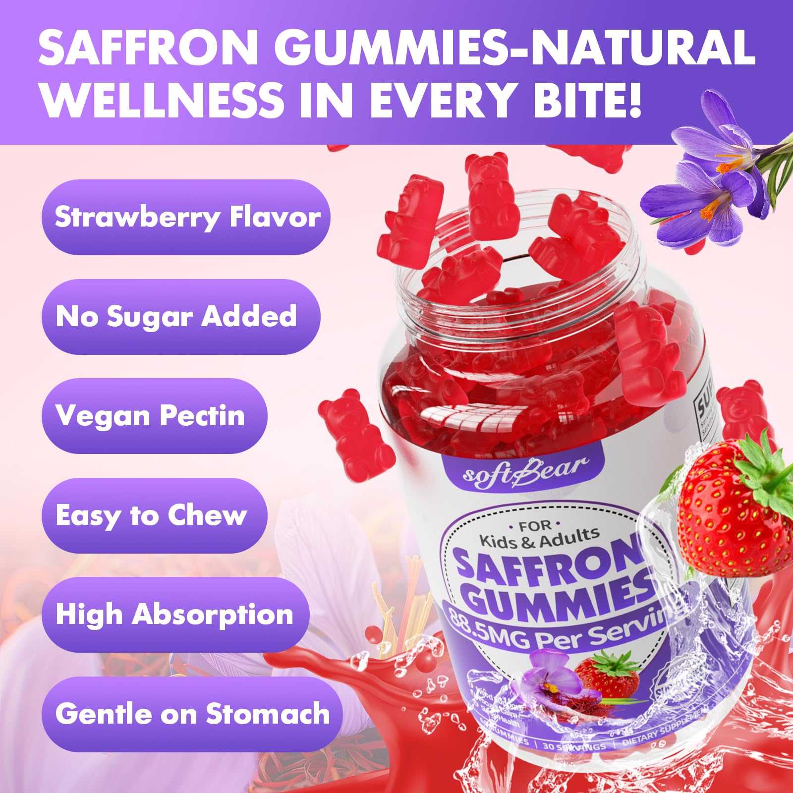 Bottle label showing saffron extract 88.5 mg per serving