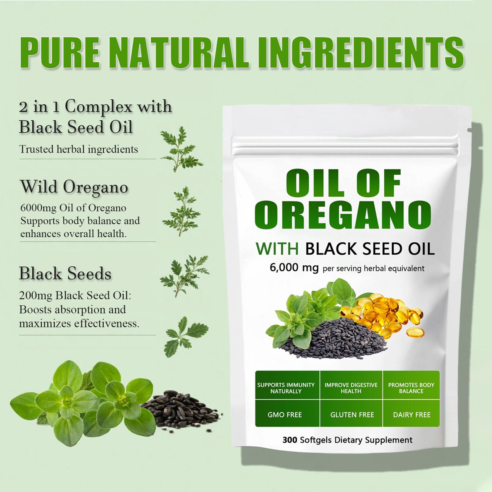 Front view of oregano and black seed oil softgels bottle